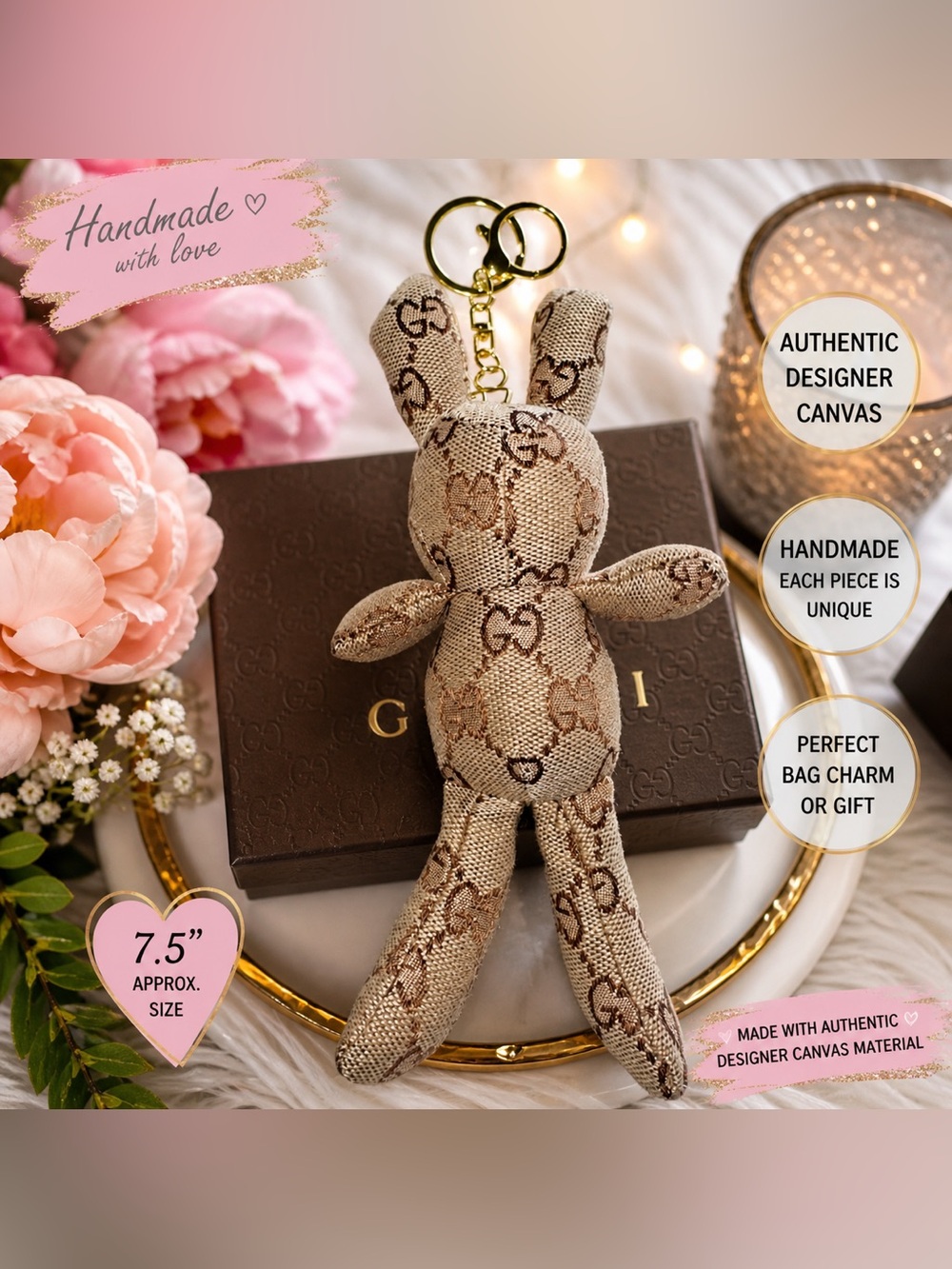 Designer  GG Canvas Bunny Keychain Handmade Purse Charm Gold Clip COA INCLUDED